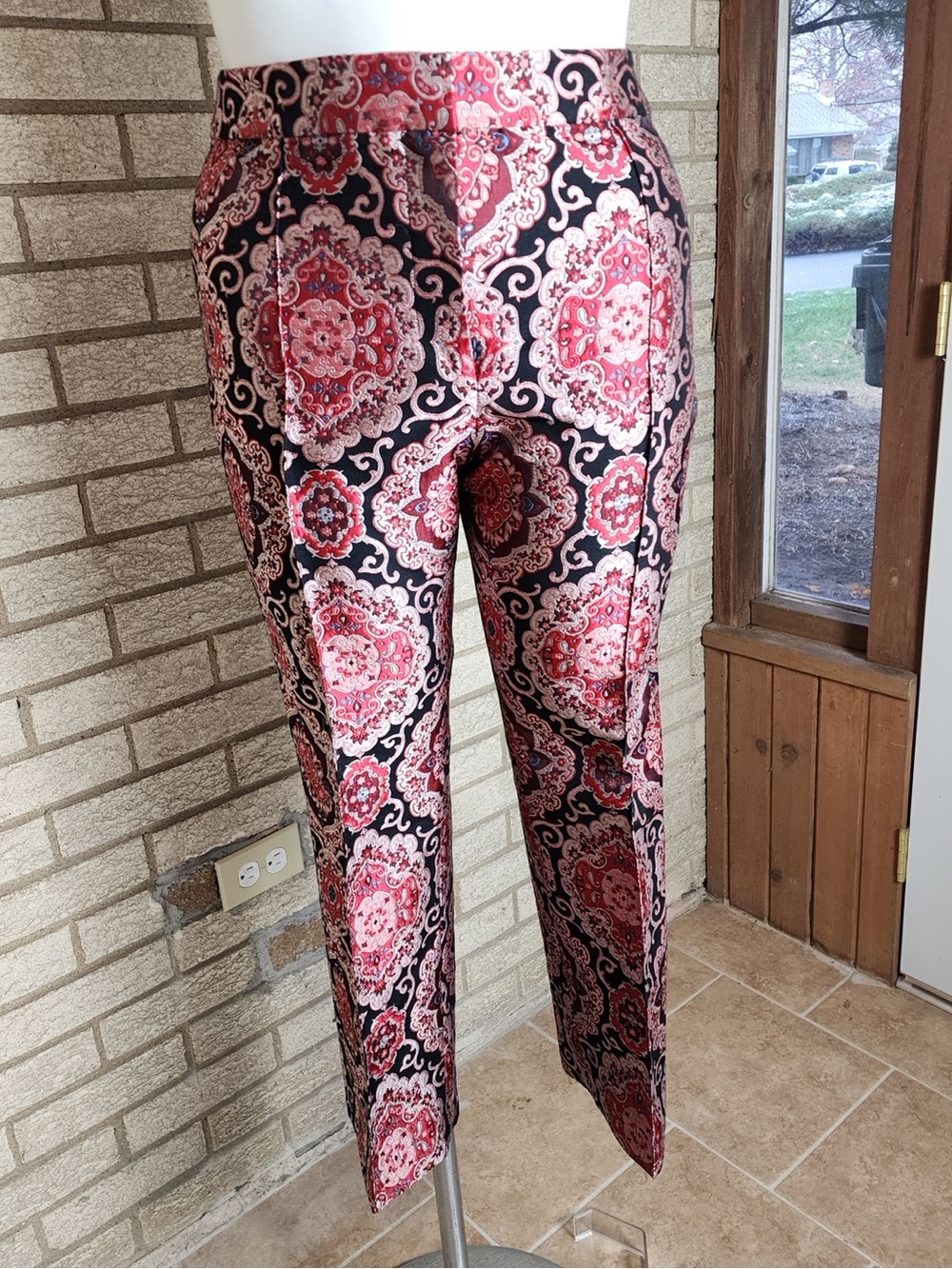 kate spade Black Satin Straight-Leg Pants with Red Medallion Print
